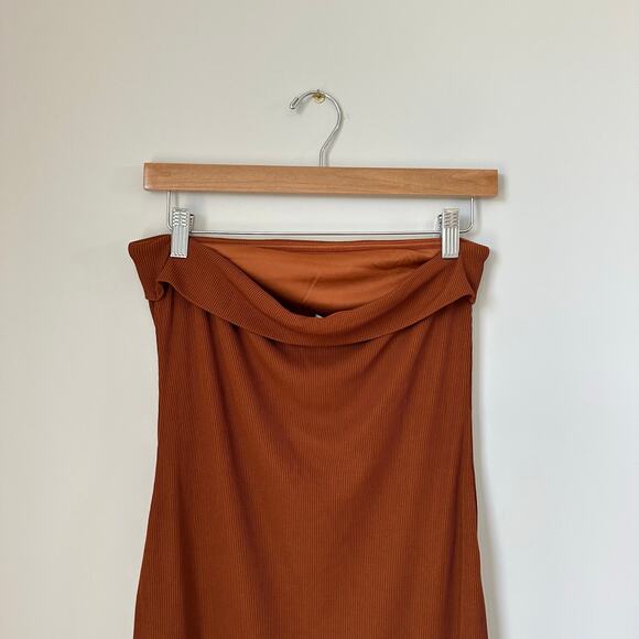 Prettygarden Strapless Ribbed Side Slit Bodycon Maxi Dress Brown S NWT - Picture 9 of 11